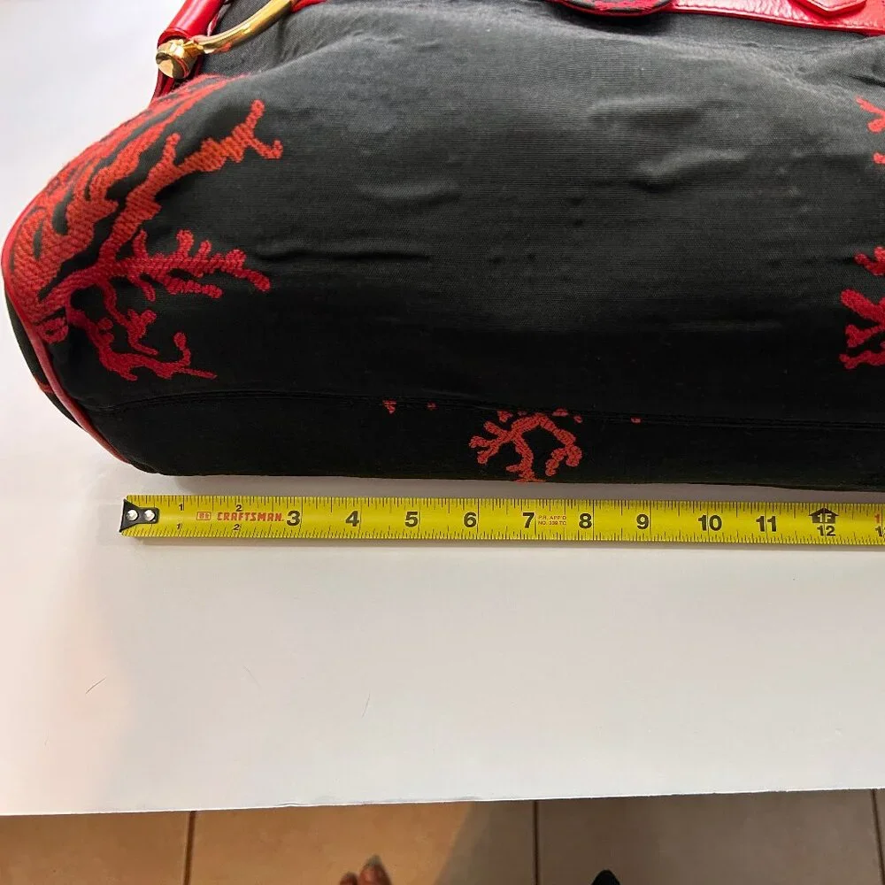 Le Duchesse Made-in-Italy Red Leather & Black Jacquard Tapestry Satchel.